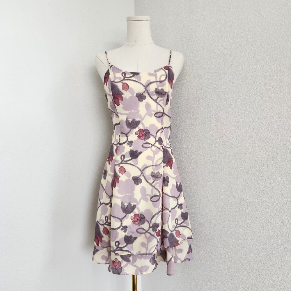 Vintage 90s Cream Purple Floral Spaghetti Strap Mini Dress Beverly Rose XS